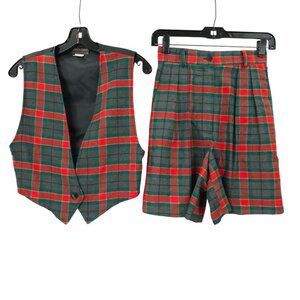 Tracy Evans Vest Pleated Shorts Set Vintage USA Size 3 XS Red Plaid Y2K Retro